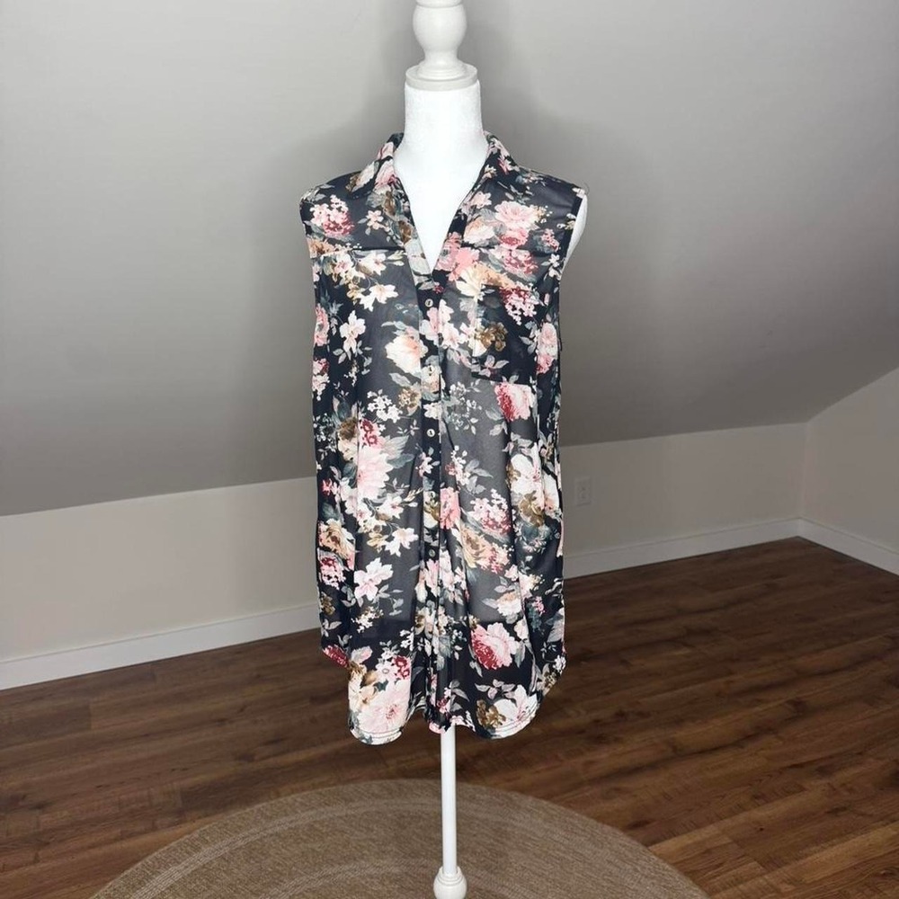 Ember Missy Sheer Black Floral Button-Up Sleeveless Top Romantic Vintage Vibes